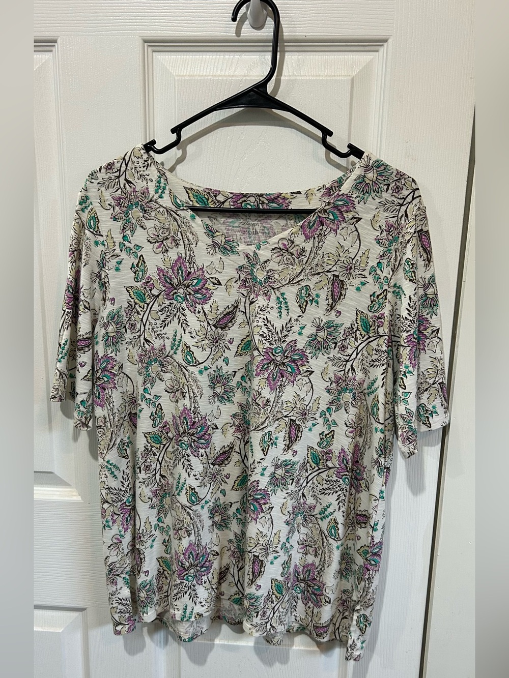 Wonderly Cream Floral Scoop Neck Top with Teal & Lavender Accents